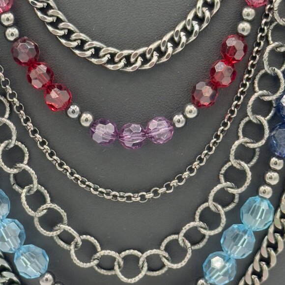 Multicolor Beaded Chain Layered Necklace Statement Aqua Purple Blue Adjustable - Picture 5 of 9